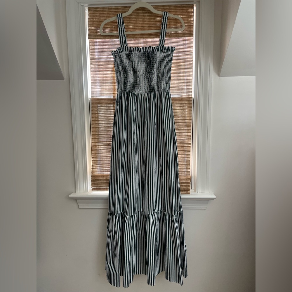 Hill House Anjuli Nap Dress Smocked Green White Striped Midi Maxi Medium M - Picture 4 of 6